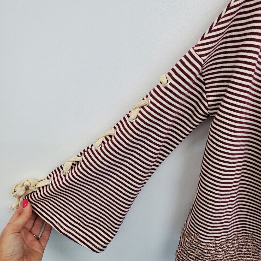 POL Womens Embroidered Lace Up Sleeve Scoop Neck Sweater Size M Burgundy & Cream - Picture 8 of 16